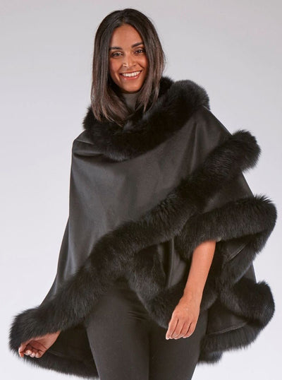 Grace Black 100% Cashmere with Black Fox Trim Cape - The Fur Store