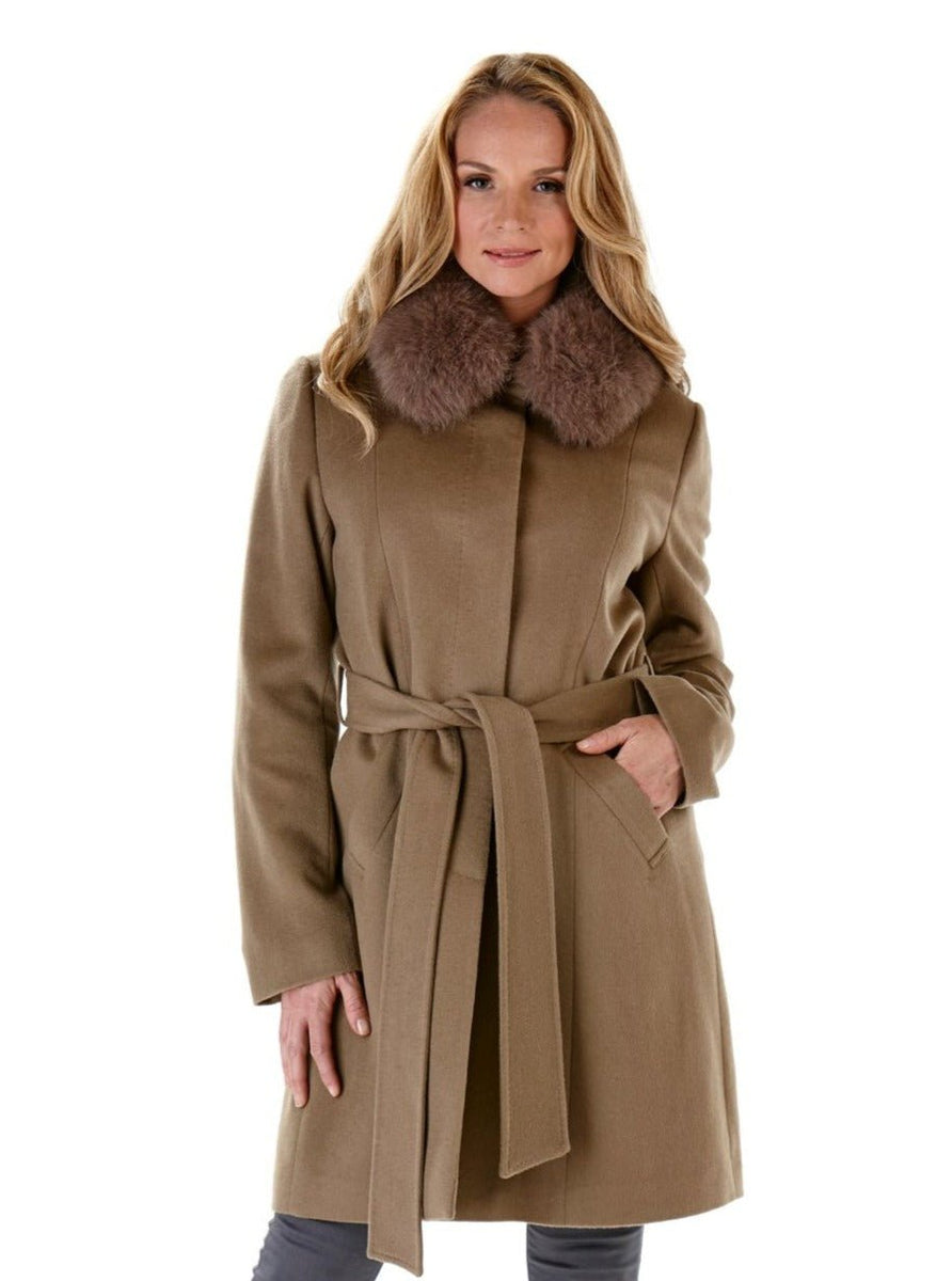 Real Cashmere Wool Coat Winter Women Rex Rabbit Fur Collar Cuffs Overcoat  Belted