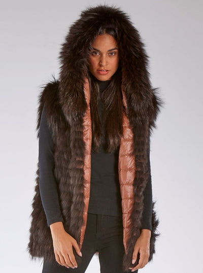 Vivianne Reversible Brown Raccoon Vest with Hood - The Fur Store