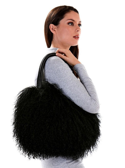 Ashley Black Mongolian Lamb Hand Bag - The Fur Store