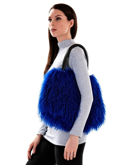 Ashley Blue Mongolian Lamb Hand Bag - The Fur Store