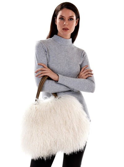 Ashley White Mongolian Lamb Hand Bag - The Fur Store