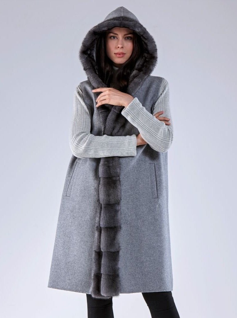 Olivia Grey Mink Hooded Vest with Grey Wool