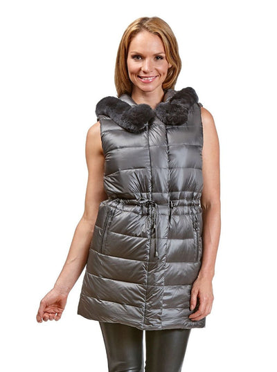 Lana Grey Reversible Puffer Rex Rabbit Vest Hood - The Fur Store