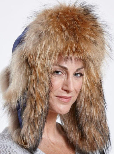 Faye Navy Puffer Down Woman's Raccoon Trapper Hat - The Fur Store