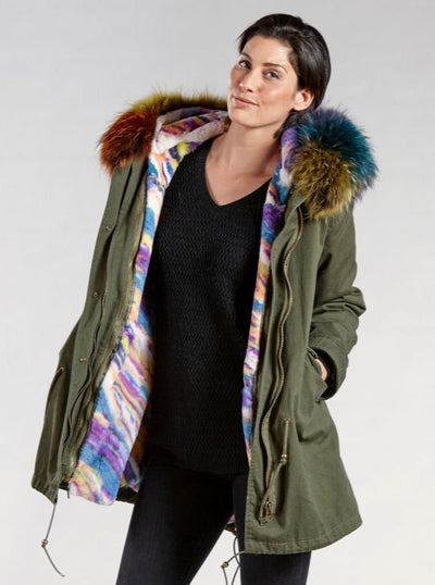 Brielle Multi Colored Rabbit Lined Parka Raccoon Hood - The Fur Store