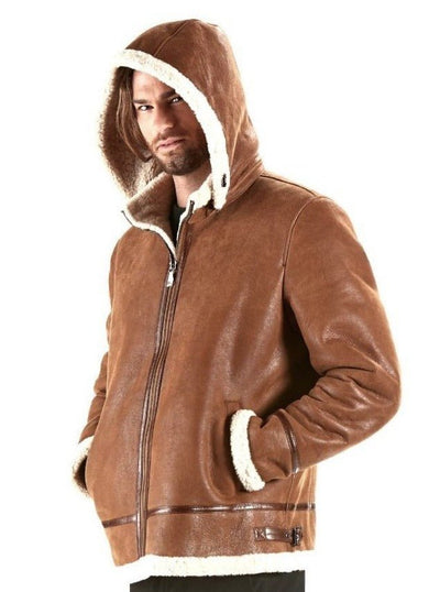 Jeremy Cognac Aviator Shearling Jacket with Hood - The Fur Store