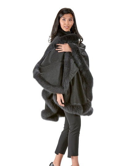 Grace Charcoal 100% Cashmere with Grey Fox Trim Cape - The Fur Store