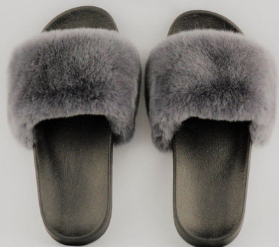 Charlize Grey Rex Rabbit Slide Sandals - The Fur Store