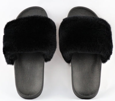 Charlize Black Rex Rabbit Slide Sandals - The Fur Store