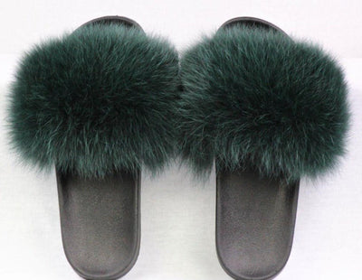 Haven Green Fox Fur Slide Sandals - The Fur Store