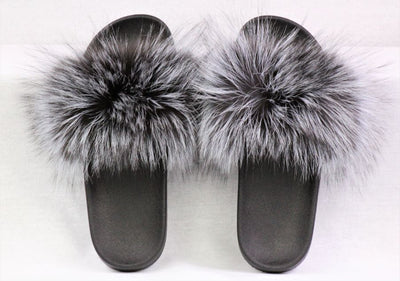 Haven Silver Fox Fur Slide Sandals - The Fur Store