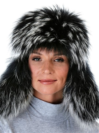 Lucia Black Raccoon Trapper Hat with Leather - The Fur Store