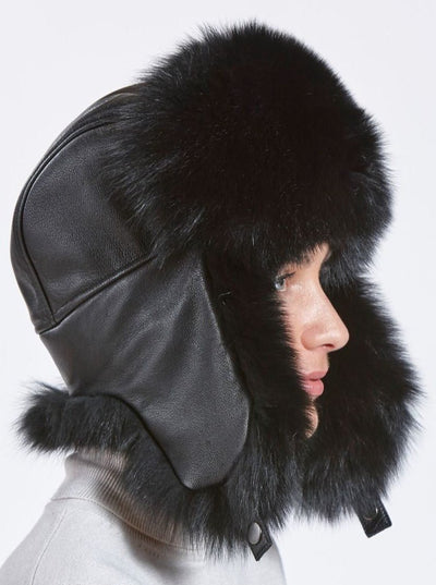 Judith Woman's Black Fox with Leather Trapper Hat - The Fur Store