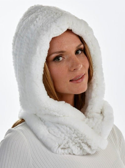 Fiore White Knitted Rex Rabbit Infinity Hood and Scarf - The Fur Store
