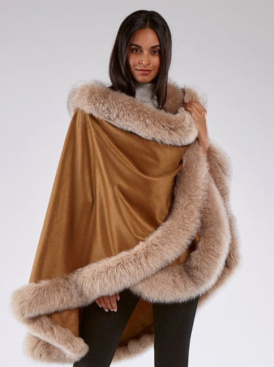 Grace Camel 100% Cashmere with Blush Fox Trim Cape - The Fur Store