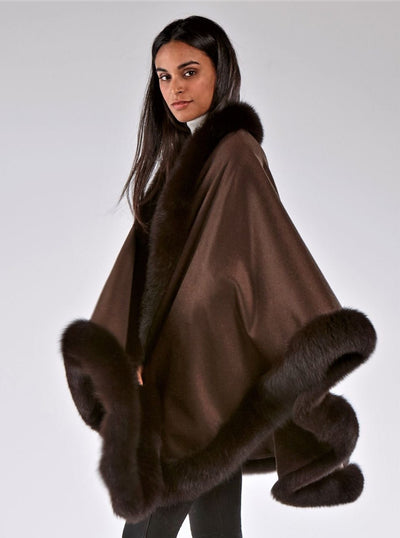 Grace Brown 100% Cashmere with Brown Fox Trim Cape - The Fur Store