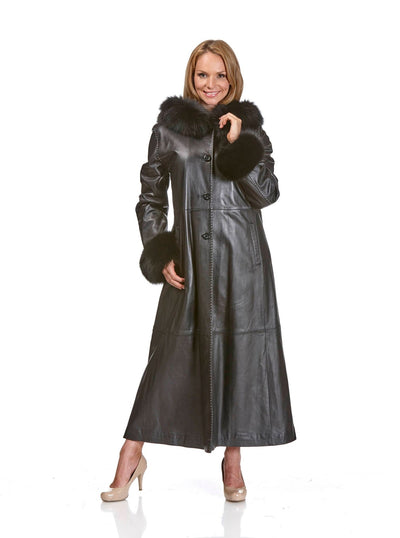 Elisa Black Leather Coat Fox Hood - The Fur Store