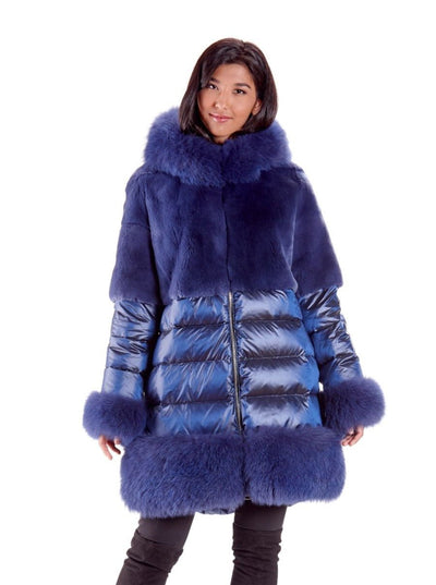 Fleur Blue Down Rex Rabbit Jacket with Fox Trim Hood and Cuffs - The Fur Store
