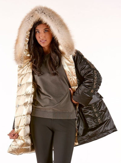 Ilse Reversible Down Jacket with Golden Fox Trim - The Fur Store