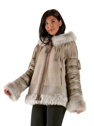 Liz Quilted Beige Lamb Shearling Jacket with Hood - The Fur Store