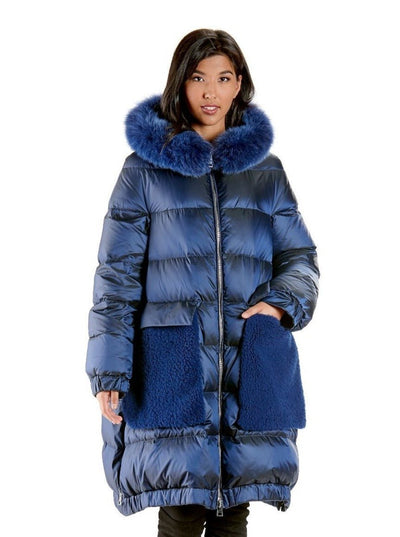 Lisa Puffer Blue Down Coat with Fox Trim Hood - The Fur Store