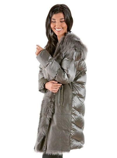 Britney Grey Quilted Down Coat with Shearling Trim Hood - The Fur Store