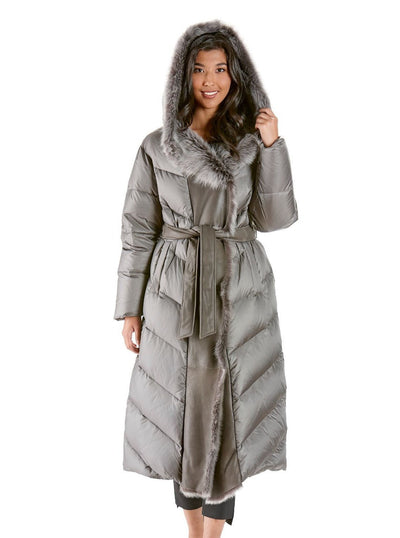 Lara Quilted Silver Down Coat with Shearling Hood - The Fur Store