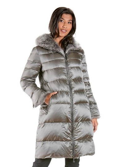 Livia Hooded Silver Down Jacket Shearling Trim - The Fur Store