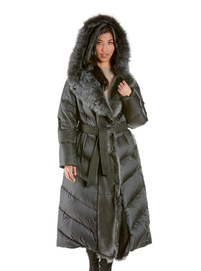 Lara Quilted Black Down Coat with Shearling Hood - The Fur Store