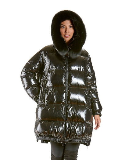 Melinda Black Down Jacket with Fox Trim Hood - The Fur Store