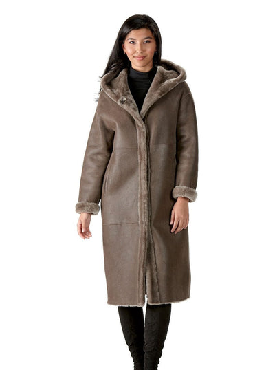 Eileen Brown Shearling Coat with Hood - The Fur Store
