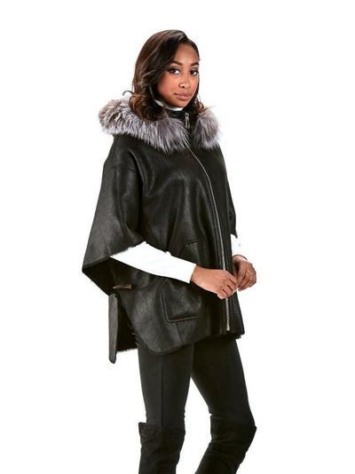 Eloise Black Shearling Poncho with Fox Hood - The Fur Store