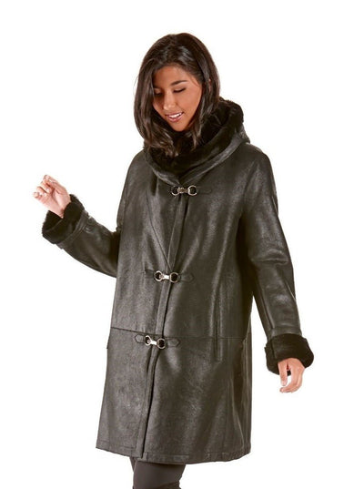 Adela Black Shearling Jacket with Hood - The Fur Store