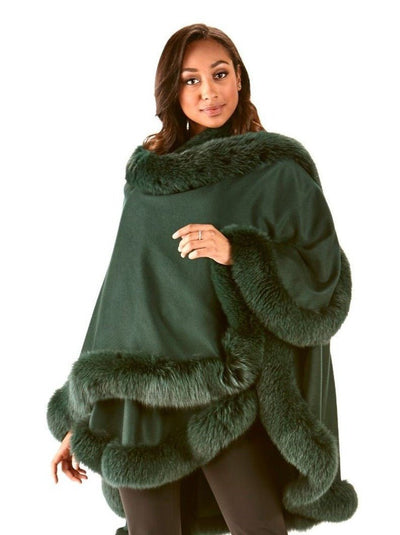 Grace Green 100% Cashmere with Green Fox Trim Cape - The Fur Store