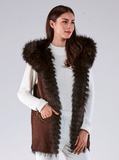 Vivian Reversible Brown Raccoon Vest with Hood - The Fur Store