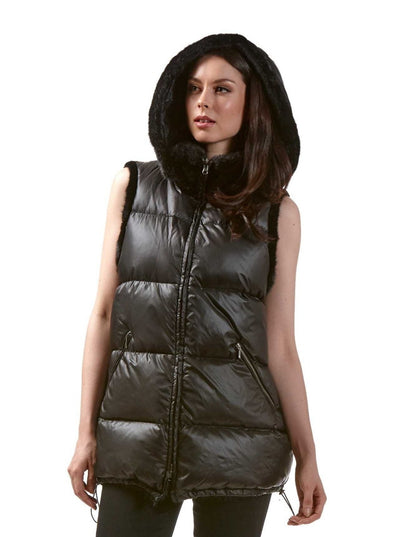 Britt Reversible Black Mink Puffer Vest with Hood - The Fur Store