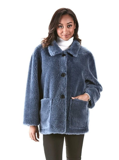 Reversible Blue Teddy Bear Wool Jacket - The Fur Store