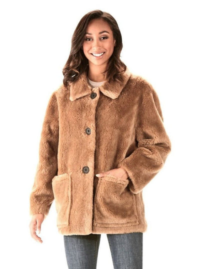 Reversible Camel Teddy Bear Wool Jacket - The Fur Store