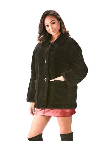 Reversible Black Teddy Bear Wool Jacket - The Fur Store