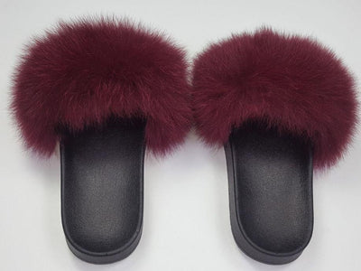 Haven Burgundy Fox Fur Slide Sandals - The Fur Store