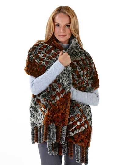 Melia Knitted Rex Rabbit Fur Shawl with Fringes - The Fur Store