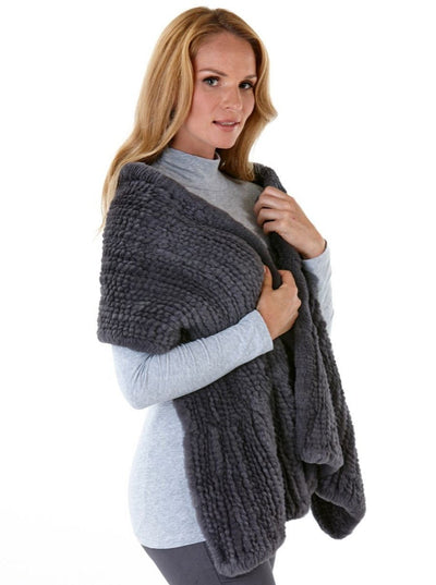Petra Knitted Grey Rex Rabbit Fur Shawl - The Fur Store