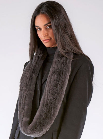 Remi Dark Grey Knitted Rex Rabbit Infinity Scarf - The Fur Store