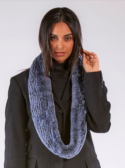 Remi Blue Knitted Rex Rabbit Infinity Scarf - The Fur Store