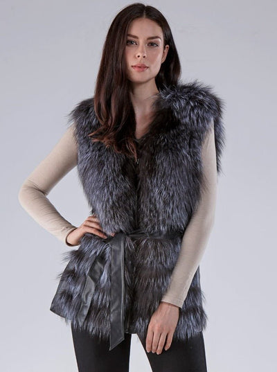 Savannah Silver Fox Vest with Leather - The Fur Store