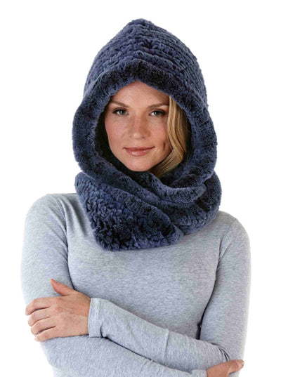 Fiore Blue Knitted Rex Rabbit Infinity Hood and Scarf - The Fur Store