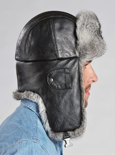 Andrew Men's Rabbit Fur Trapper Hat with Leather - The Fur Store