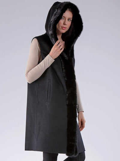 Olivia Black Mink Hooded Vest with Black Wool - The Fur Store