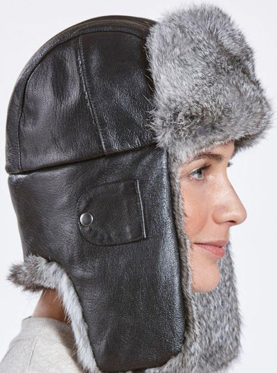  Women's Grey Rabbit Trapper Hat with Leather - The Fur Store